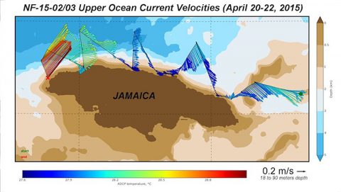 Plot of the upper ocean currents measured around Jamaica over a two-day period. These vectors are an average of the flow in the upper 18-90 meters of the water column. The strongest currents (almost 1 meter/second, ~2 knots) are observed around the west end of the island. Image credit: NOAA