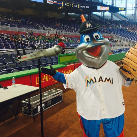 Miami Marlins mascot Billy poses with the Coyote UAS. Image credit: NOAA
