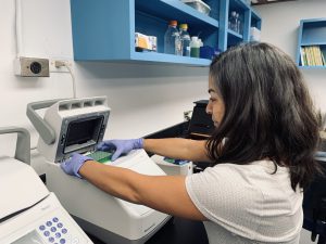 Photo of Stephanie Rosales performing a genetic analysis of a coral tissue sample