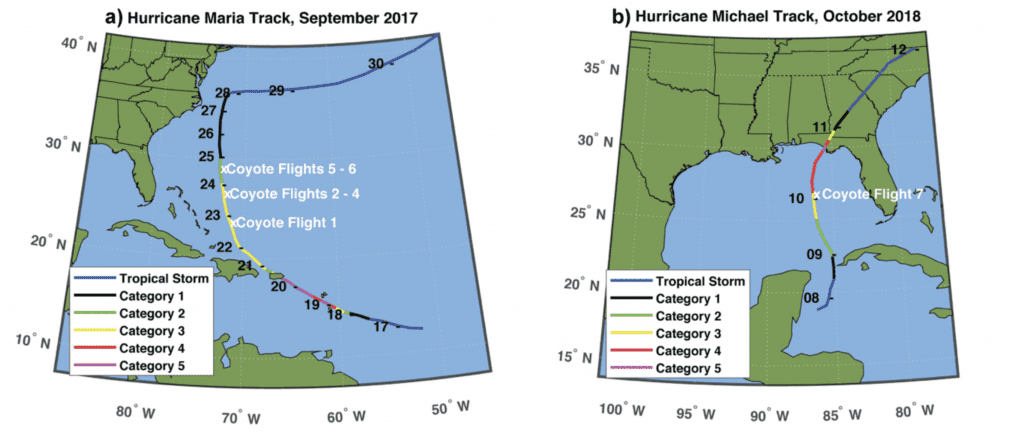 A depiction of Coyote research flights into hurricanes (a) Maria in 2017 and (b) Michael in 2018 showing location of flight and storm intensity. Credit: NOAA