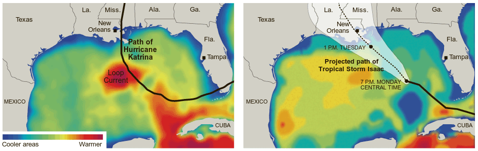 Contenido de calor del océano superior durante la intensificación de los huracanes Katrina (izquierda) e Isaac (derecha) Crédito de la imagen: New York Times