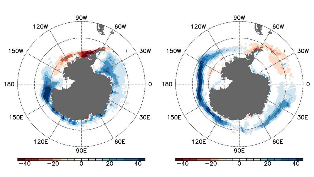 Linear trends of Antarctic sea-ice concentration during (a) the warm (December-May) and (b) cold (June-November) seasons, obtained from the Hadley Center sea-ice and sea surface temperature data sets over the period of 1979-2014. The units are % in 35 years.