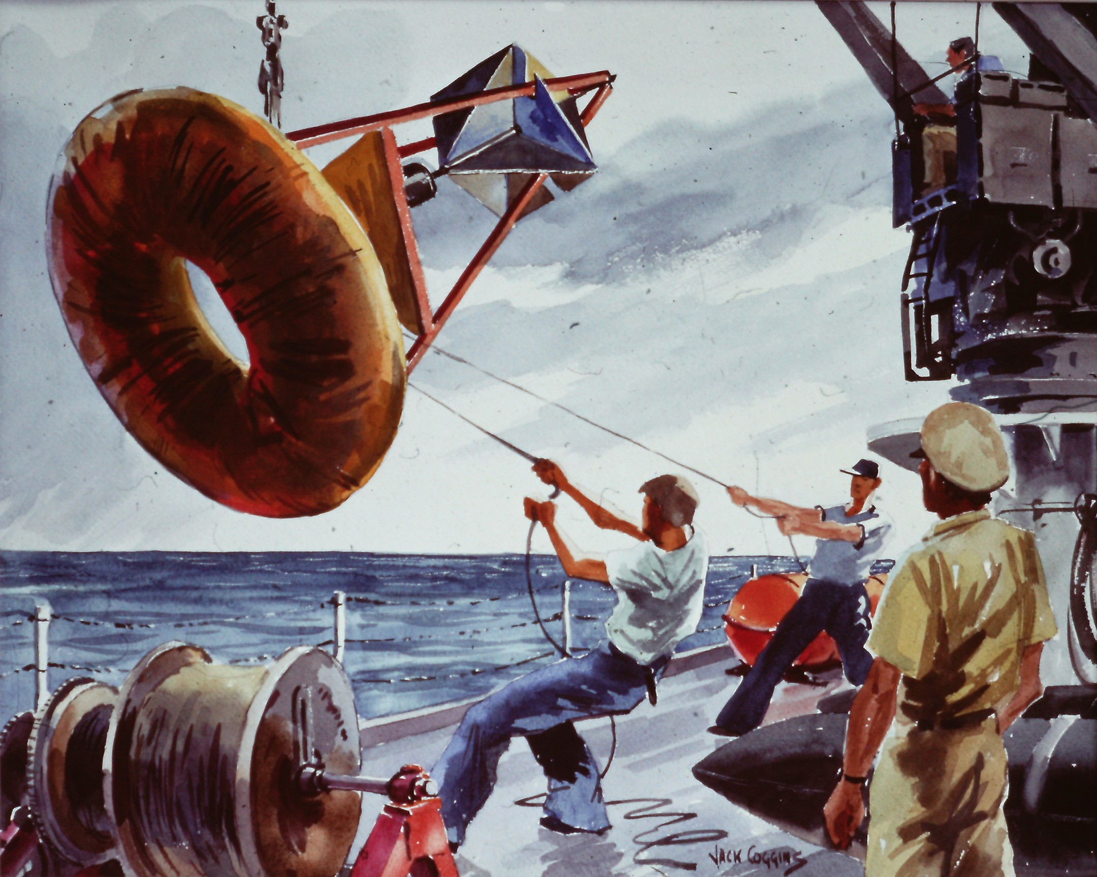 Jack Coggins Buoy recovery on the DISCOVERER. 35-mm color slide; 1969. Source: Harris B. Stewart