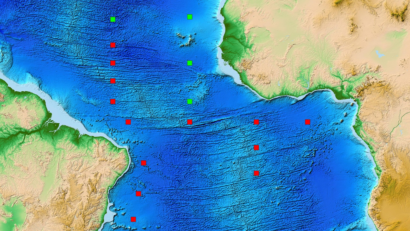 Map of locations for PIRATA buoys in the Atlantic Ocean between South America and Africa. Red squares represent PIRATA buoys, green squares represent Northeast extension PIRATA buoys.