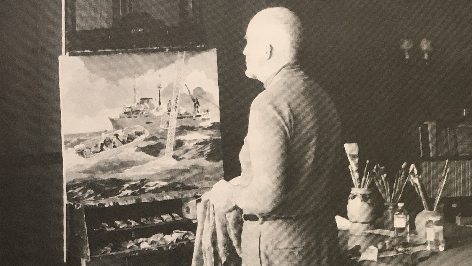 The marine artist Jack Coggins with his oil painting of the Discover and at-sea activities during the 1968 BOMEX operation off Barbados.