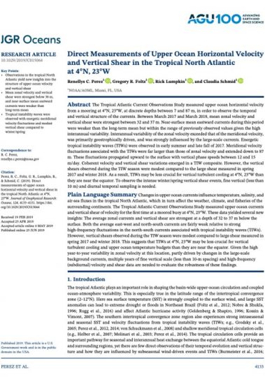 First page of 'Direct Measurements of Upper Ocean Horizontal Velocity and Vertical Shear in the Tropical North Atlantic at 4N , 23W' publication.