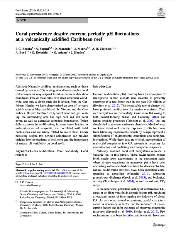 First page of 'Coral persistence despite extreme periodic pH fluctuations at a volcanically acidified Caribbean reef' publication.