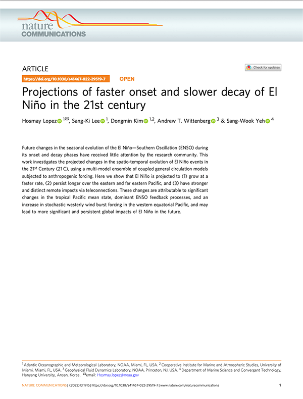 Primera página de la publicación &quot;Projections of faster onset and slower decay of El Nino in the 21st century&quot;.