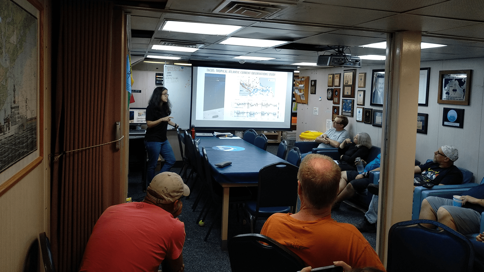 Renellys Perez gives a science talk to the crew aboard the NOAA Ron Brown ship.