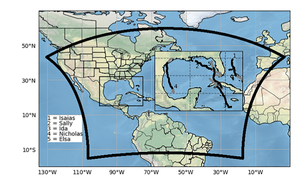 HAFS-A domain outlined by (thick) black with the inset panel depicting a small boxed region covering parts of the Gulf of Mexico, NW Caribbean Sea, and far SW Atlantic. Black track lines (gray lines) within the inset indicate analyzed track periods (unanalyzed simulation periods) in this study including (1) Isaias, (2) Sally, (3) Ida, (4) Nicholas, and (5) Elsa.