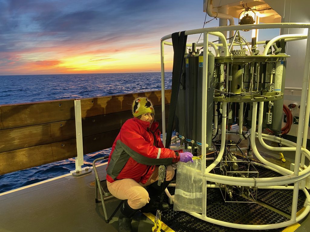 Dr. Nastassia Patin crouches down, tending to a large scientific device known as a CTD, all while a glowing pink and orange sun rises in the background