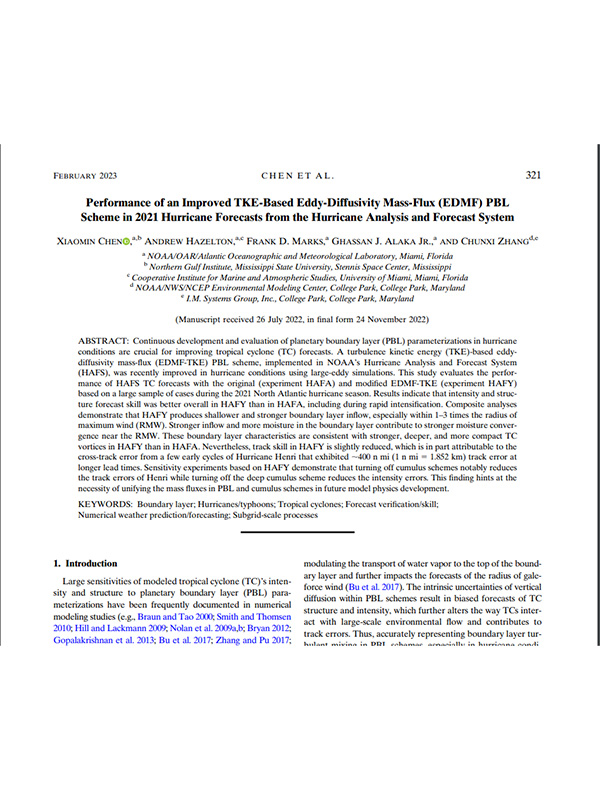 Rendimiento de un esquema mejorado de PBL basado en la TKE y el flujo de masa de difusividad inducida (EDMF) en las previsiones de huracanes de 2021 del Sistema de Análisis y Previsión de Huracanes. Imagen de un artículo científico.