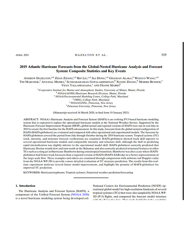 2019 Atlantic hurricane forecasts from the Global-Nested Hurricane Analysis and Forecast System (HAFS): Composite statistics and key events. Image of scientific paper.
