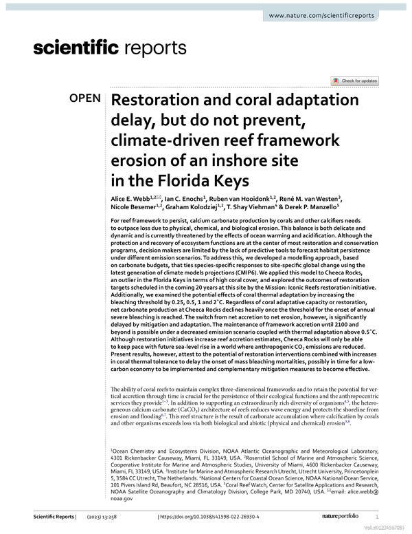 Portada del artículo de la revista Nature &quot;Restoration and coral adaptation delay, but do not prevent, climate-driven reef framework erosion of an inshore site in the Florida Keys&quot;.