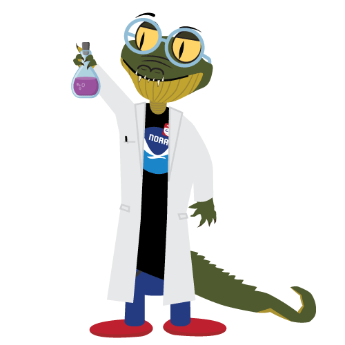 Dibujo animado de un cocodrilo con bata de laboratorio y gafas de seguridad, camiseta de la NOAA y un matraz Erlenmeyer con líquido morado.
