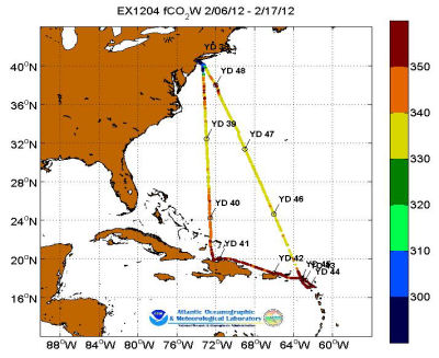 Explorer cruise track showing color coded fc02 data derived from  data that can be found in the csv data file. 