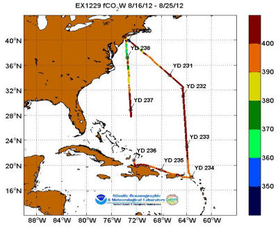 Explorer cruise track showing color coded fc02 data derived from  data that can be found in the csv data file. 