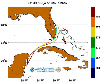 Explorer cruise track showing color coded fc02 data derived from  data that can be found in the csv data file. 