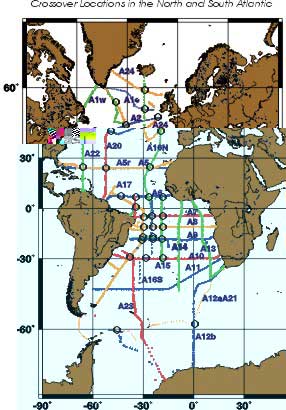 Map of all the crossovers in the North and South Atlantic