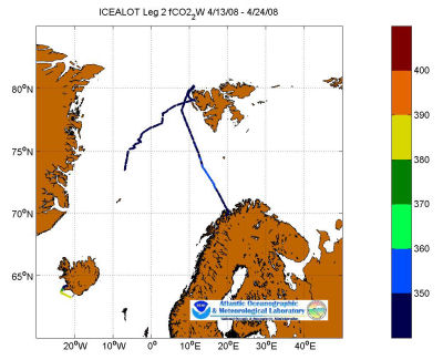 R/V Knorr cruise track showing color coded fc02 data derived from data that can be found in the csv data file. 