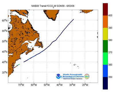 R/V Knorr cruise track showing color coded fc02 data derived from data that can be found in the csv data file. 