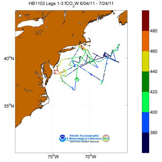 R/V Henry Bigelow cruise track showing color coded fc02 data derived from data that can be found in the csv data file. 