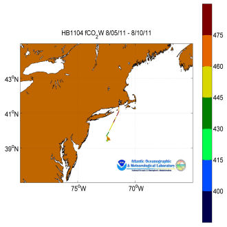 R/V Henry Bigelow cruise track showing color coded fc02 data derived from data that can be found in the csv data file. 