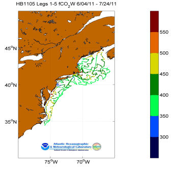 R/V Henry Bigelow cruise track showing color coded fc02 data derived from data that can be found in the csv data file. 