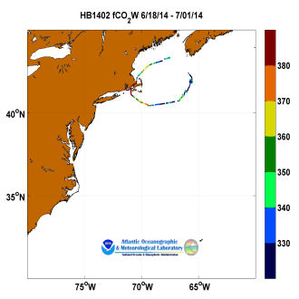 R/V Henry Bigelow cruise track showing color coded fc02 data derived from data that can be found in the csv data file. 