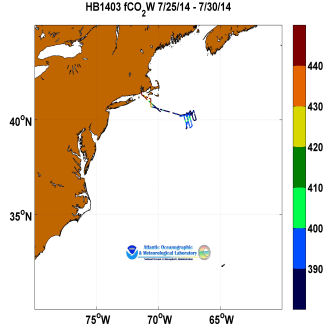 R/V Henry Bigelow cruise track showing color coded fc02 data derived from data that can be found in the csv data file. 