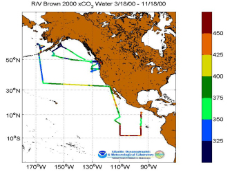 R/V Brown cruise track showing the color-coded fCO2W_Insitu data for 2000.