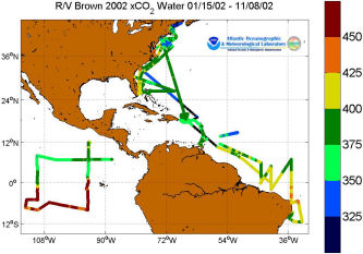 R/V Brown cruise track showing the color-coded fCO2W_Insitu data for 2002.