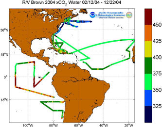 R/V Brown cruise track showing the color-coded fCO2W_Insitu data for 2004.