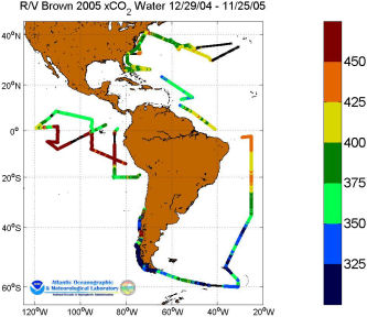 R/V Brown cruise track showing the color-coded fCO2W_Insitu data for 2005.