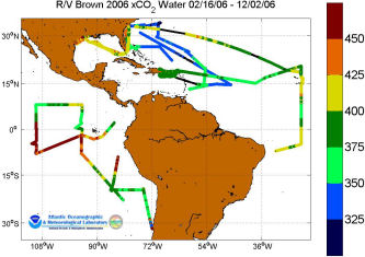 R/V Brown cruise track showing the color-coded fCO2W_Insitu data for 2006.