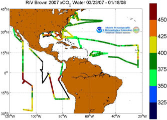 R/V Brown cruise track showing the color-coded fCO2W_Insitu data for 2007.