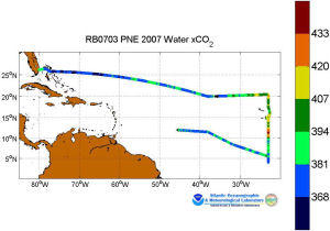 A map showing the track of the PNE cruise from Bridgetown, Barbados to Ft. Lauderdale, FL.