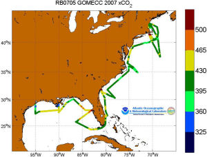 A map showing the track of the GOMECC cruise from Galveston, TX to Boston, MA.