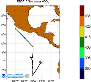 A map showing the track of the TAO cruise from the Galapagos Islands to San Diego, CA.