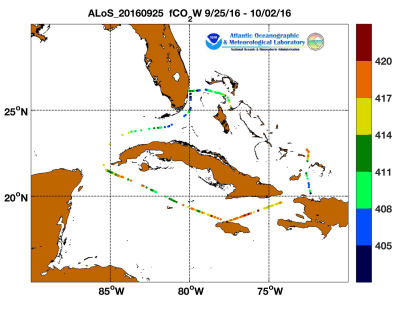 Allure of the Seas cruise track showing color coded fc02 data derived from data that can be found in the csv data file.