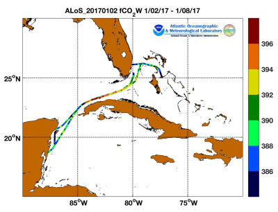 Allure of the Seas cruise track showing color coded fc02 data derived from data that can be found in the csv data file.