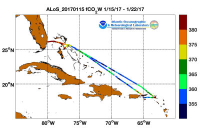 Allure of the Seas cruise track showing color coded fc02 data derived from data that can be found in the csv data file.