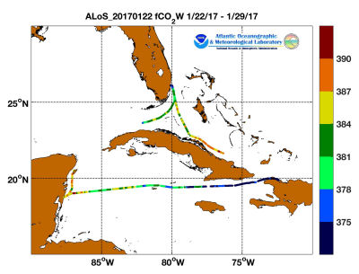 Allure of the Seas cruise track showing color coded fc02 data derived from data that can be found in the csv data file.