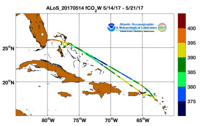 Allure of the Seas cruise track showing color coded fc02 data derived from data that can be found in the csv data file. 