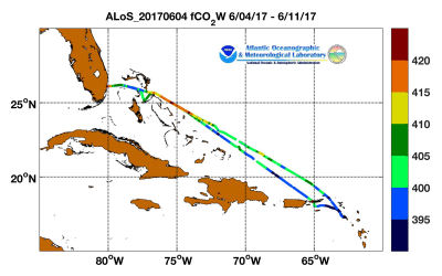 Allure of the Seas cruise track showing color coded fc02 data derived from data that can be found in the csv data file. 