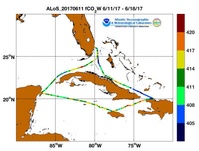 Allure of the Seas cruise track showing color coded fc02 data derived from data that can be found in the csv data file. 