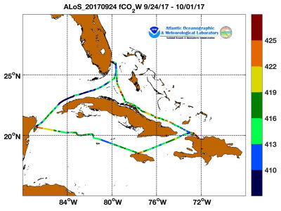 Allure of the Seas cruise track showing color coded fc02 data derived from data that can be found in the csv data file.