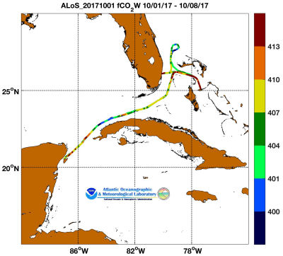 Allure of the Seas cruise track showing color coded fc02 data derived from data that can be found in the csv data file.