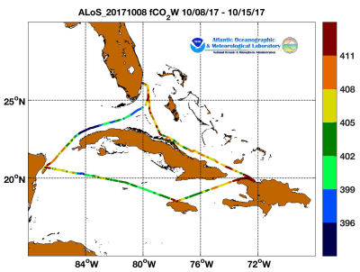 Allure of the Seas cruise track showing color coded fc02 data derived from data that can be found in the csv data file.