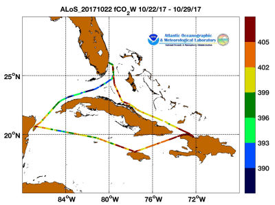 Allure of the Seas cruise track showing color coded fc02 data derived from data that can be found in the csv data file.